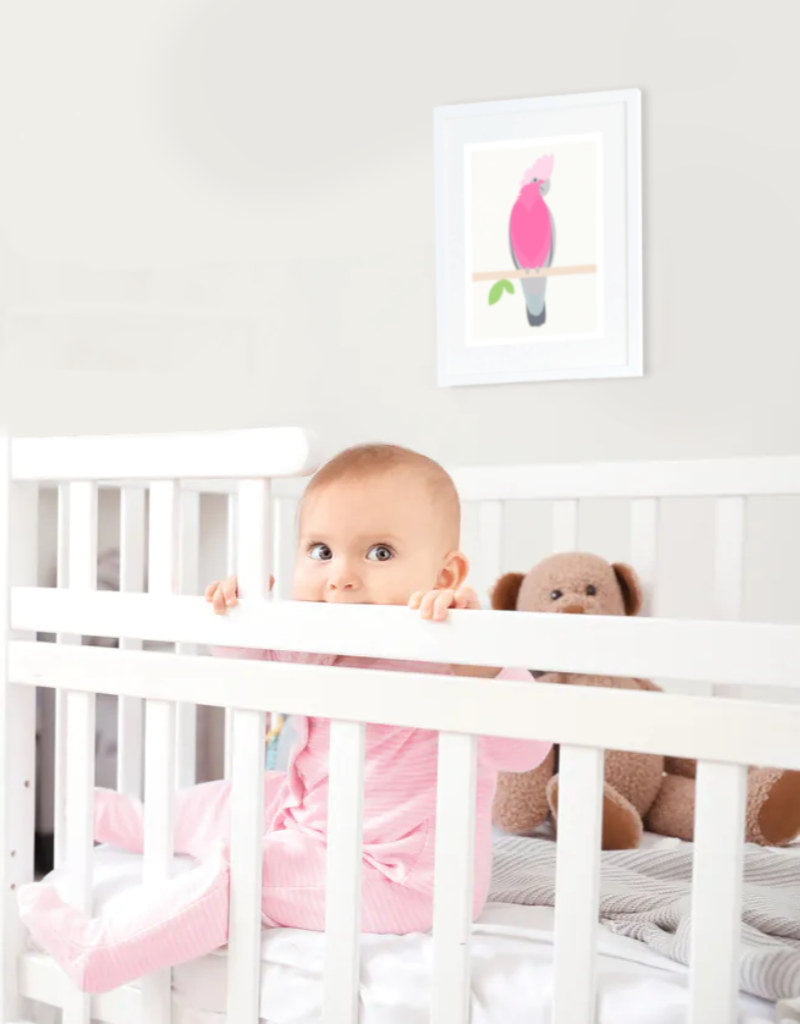 Baby sitting in crib with teddy bear and pink parrot print behind of the Australian galah