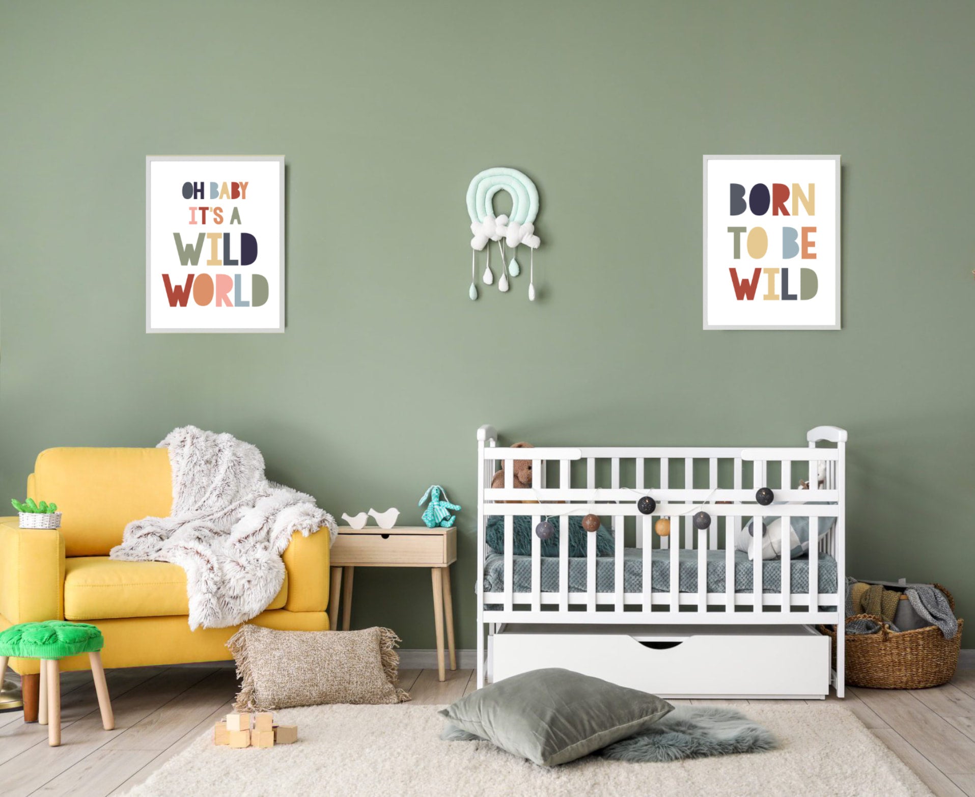 green safari themed kids bedroom with typographic posters on the wall