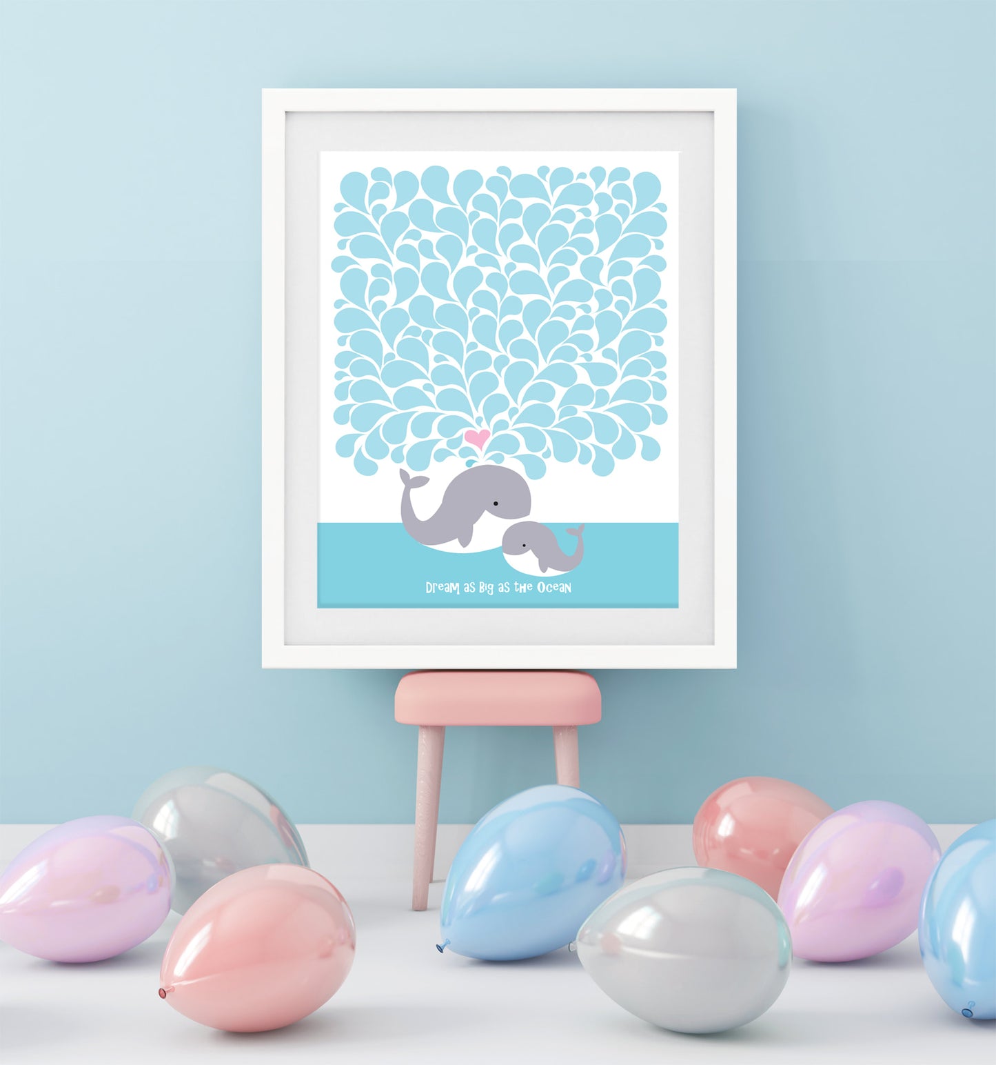 signature guestbook print with baby whale and mother whale at a party