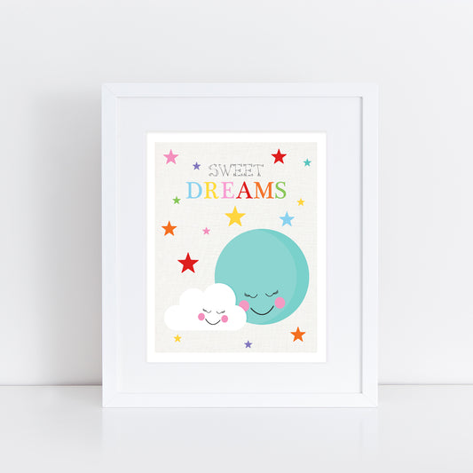 cute colourful snuggling moon and cloud print with sweet dreams