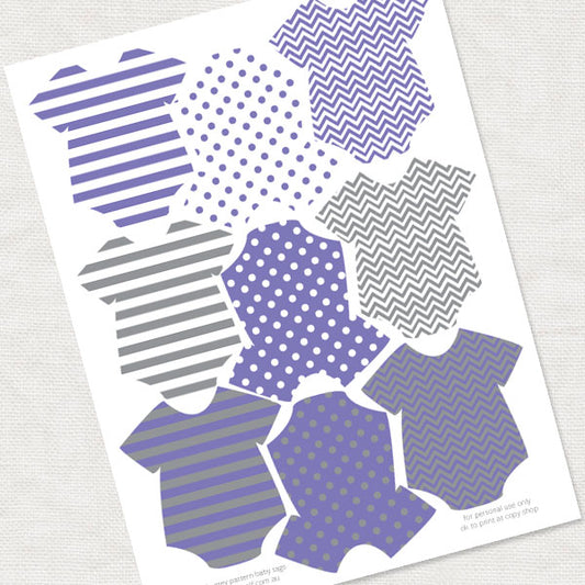 light purple and grey onesie shaped decorations for a baby shower to cut out