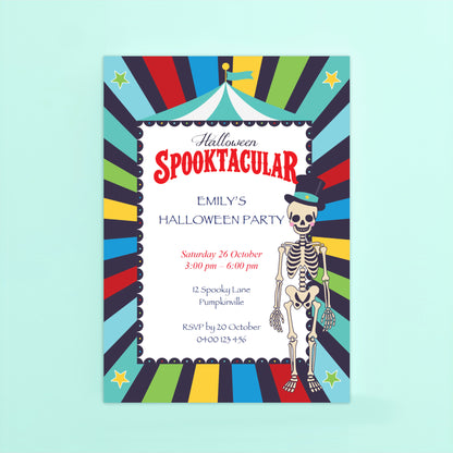 Editable Halloween Spooktacular party invitation printable featuring a colourful circus inspired border, friendly skeleton in a top hat and editable party detail text fields.