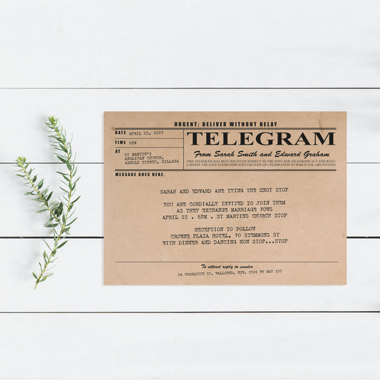 Vintage Telegram Wedding Invitation – Printable 1920s & 1930s Rustic Antique looking Invite