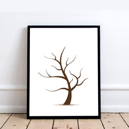 DIY fingerprint tree template displayed in a black frame,  a brown tree with branches extending out in a variety of directions. The tree is on a white background.