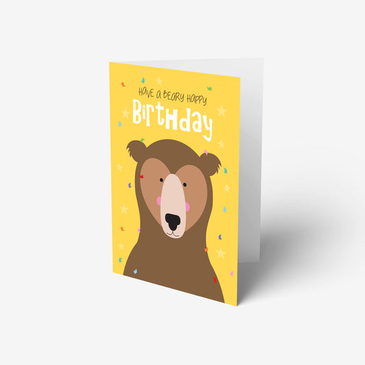 Beary happy birthday card yellow with bear illustration